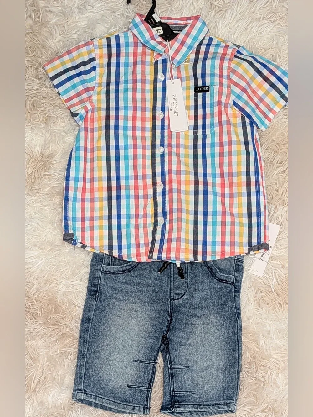 NWT,2pc, Drawstring Denim Shorts W/Multicolored Plaid Button-up Shirt -Size 4T